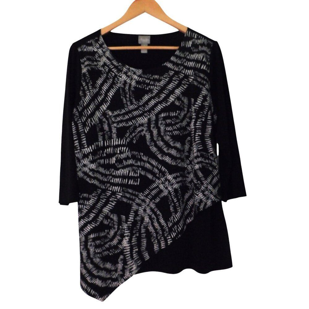 Chico’s Travelers Sz. L 2 Black & White Colorblock Print Solid Slinky‎ Tunic Top